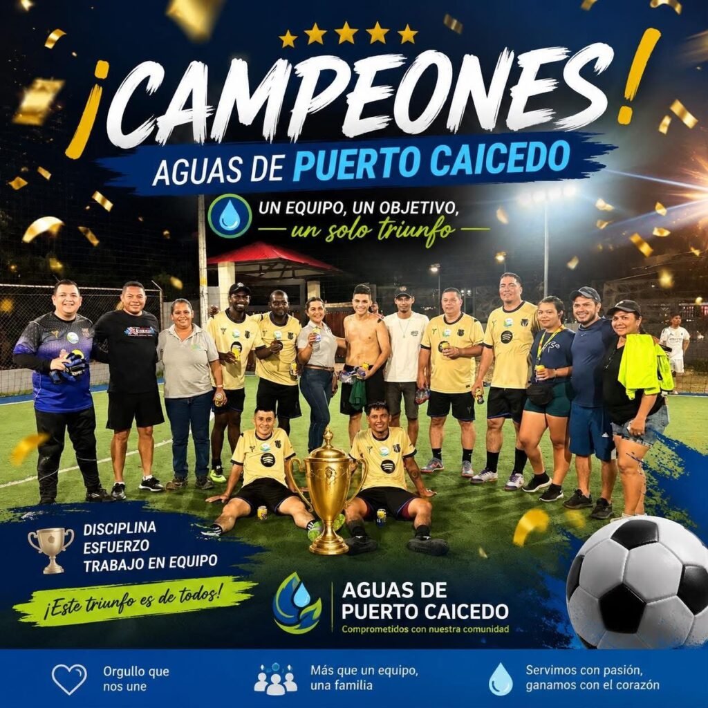 🏆⚽ ¡CAMPEONES! AGUAS DE PUERTO CAICEDO ⚽🏆

Con esfuerzo, disciplina y trabajo en equipo, el equipo de Aguas de Puerto Caicedo se coronó campeón, demostrando que la unión y el compromiso también se reflejan fuera de nuestras labores diarias.